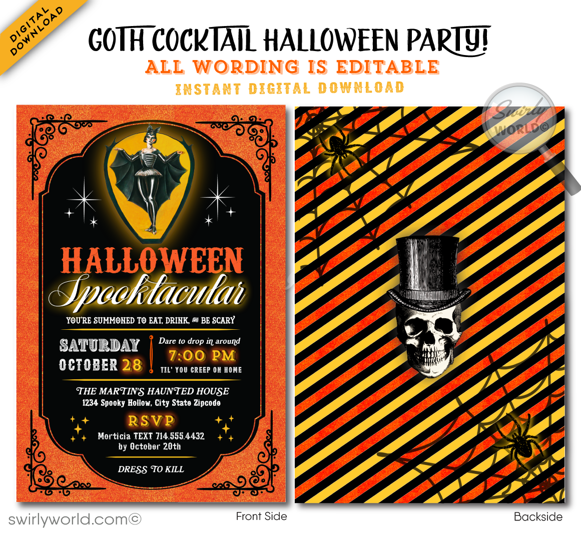 Elevate your Halloween gathering with our goth-inspired vintage party invitation! Featuring eerie Steampunk artwork and cool typography in a classic orange and black palette, this customizable design is perfect for an adult-themed celebration. Download instantly and share via post, print, text, email, or evite.