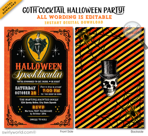 Elevate your Halloween gathering with our goth-inspired vintage party invitation! Featuring eerie Steampunk artwork and cool typography in a classic orange and black palette, this customizable design is perfect for an adult-themed celebration. Download instantly and share via post, print, text, email, or evite.