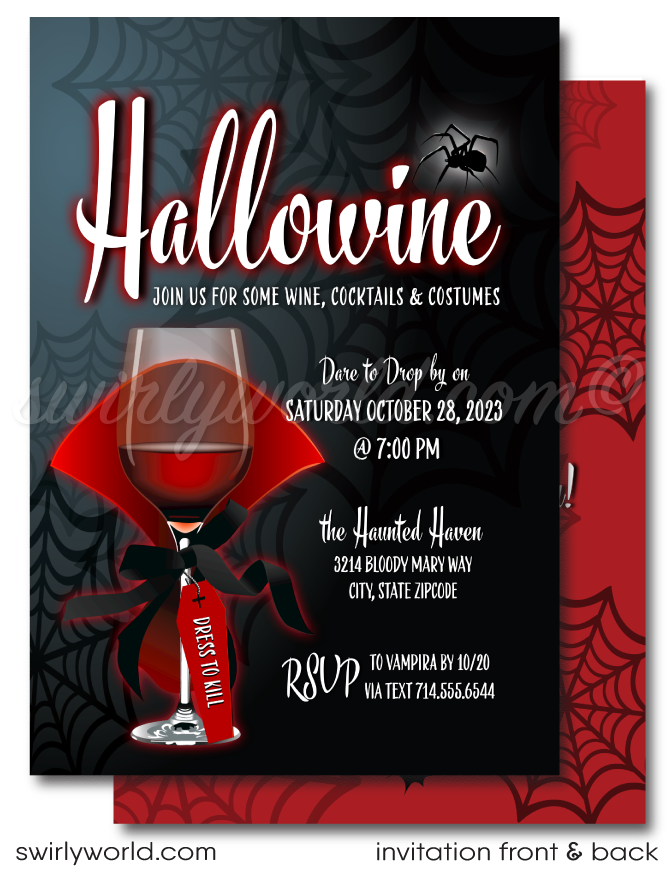 Set the tone for your "Hallowine" Boos and Booze party with our gothic vampire-themed invitation! Featuring a blood-red wine glass draped in a vampire cape and a spider web pattern on the back, this editable digital download is perfect for a spooky, sophisticated event. Customize and share with ease!
