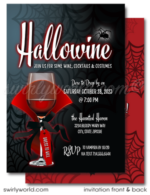 Set the stage for your "Hallowine" Boos and Booze party with our gothic vampire-themed printed invitations! Featuring a blood-red wine glass in a vampire cape and a spider web pattern on the back, these invitations are printed on premium card stock with matching envelopes. Perfect for a spooky, sophisticated event!