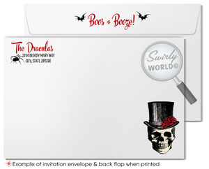 Set the tone for your "Hallowine" Boos and Booze party with our gothic vampire-themed invitation! Featuring a blood-red wine glass draped in a vampire cape and a spider web pattern on the back, this editable digital download is perfect for a spooky, sophisticated event. Customize and share with ease!