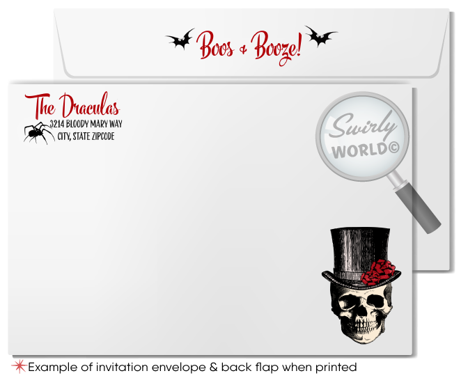Set the stage for your "Hallowine" Boos and Booze party with our gothic vampire-themed printed invitations! Featuring a blood-red wine glass in a vampire cape and a spider web pattern on the back, these invitations are printed on premium card stock with matching envelopes. Perfect for a spooky, sophisticated event!