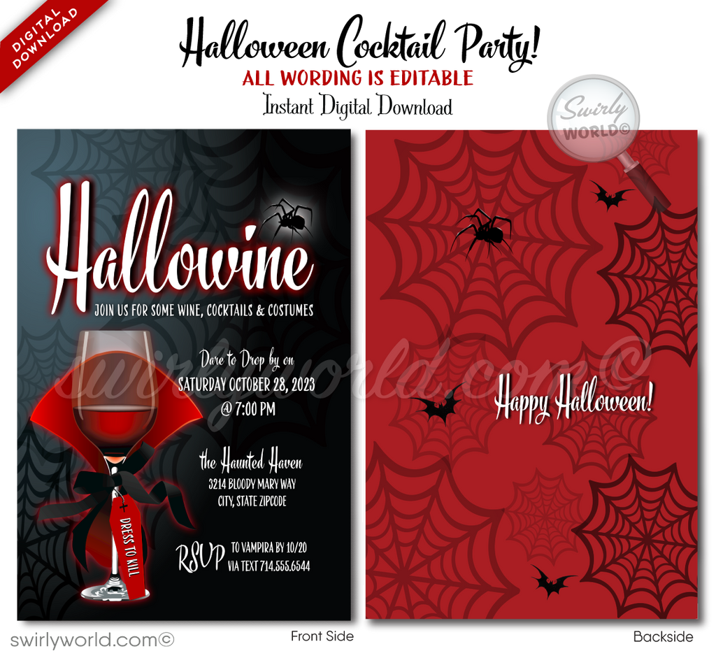 Goth "Hallowine" Adult Halloween Cocktail Party Boos and Boos "Eat Drink Be Scary" Invites