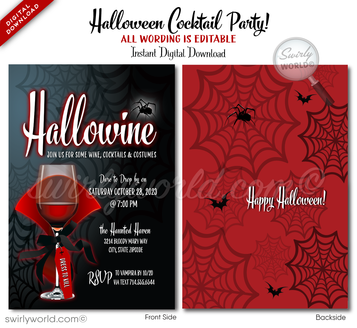 Set the tone for your "Hallowine" Boos and Booze party with our gothic vampire-themed invitation! Featuring a blood-red wine glass draped in a vampire cape and a spider web pattern on the back, this editable digital download is perfect for a spooky, sophisticated event. Customize and share with ease!