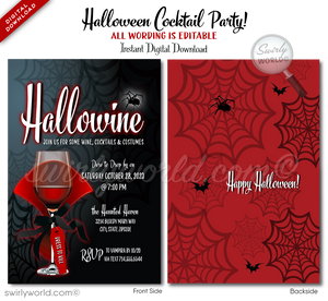 Set the tone for your "Hallowine" Boos and Booze party with our gothic vampire-themed invitation! Featuring a blood-red wine glass draped in a vampire cape and a spider web pattern on the back, this editable digital download is perfect for a spooky, sophisticated event. Customize and share with ease!