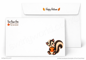 White printed envelopes shown on a white background, with one envelope displaying 'Happy Autumn' in orange text with leaf accents and the other showing a cartoon squirrel holding an orange and a branded logo area with placeholder text.
