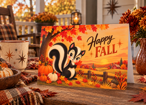 A festive autumn greeting card featuring a cartoon skunk under orange and red fall leaves, with pumpkins, a sunset landscape, and the words 'Happy FALL' on a wooden porch table surrounded by seasonal decor.