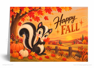 A folded greeting card featuring a cute autumn illustration with a black-and-white skunk under orange-red fall leaves, pumpkins, a fence, and the words 'Happy FALL' in large decorative lettering.