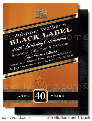 Celebrate in style with our Johnnie Walker Black Label Whiskey Bottle Design digital invitation and thank you card set, tailored for the whiskey aficionado marking a milestone birthday. Whether it's a landmark 21st, a fabulous 40th, the big 5-0, or any year beyond, this whiskey-inspired invitation design pours sophistication into your liquor-themed birthday bash.