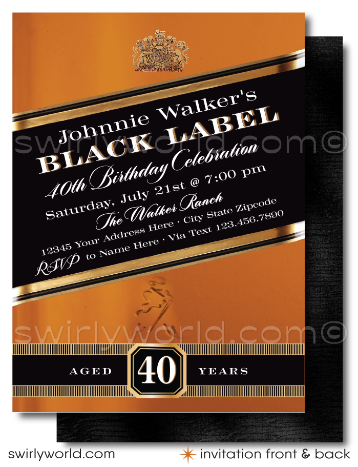 Johnnie Walker Black Label Whiskey Liquor 40th Birthday Party Printed Invitations for Guys