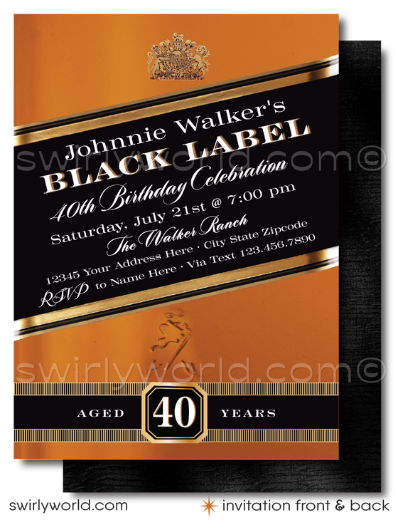 Johnnie Walker Black Label Whiskey Liquor 40th Birthday Party Printed Invitations for Guys