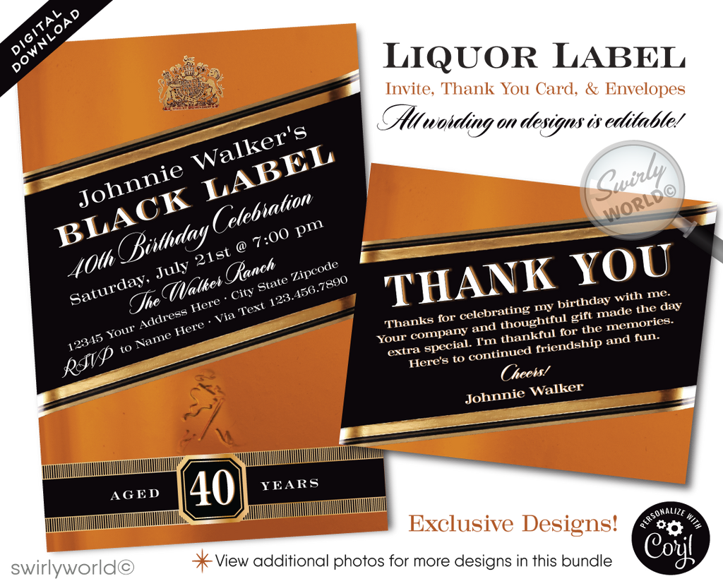 Celebrate in style with our Johnnie Walker Black Label Whiskey Bottle Design digital invitation and thank you card set, tailored for the whiskey aficionado marking a milestone birthday. Whether it's a landmark 21st, a fabulous 40th, the big 5-0, or any year beyond, this whiskey-inspired invitation design pours sophistication into your liquor-themed birthday bash.