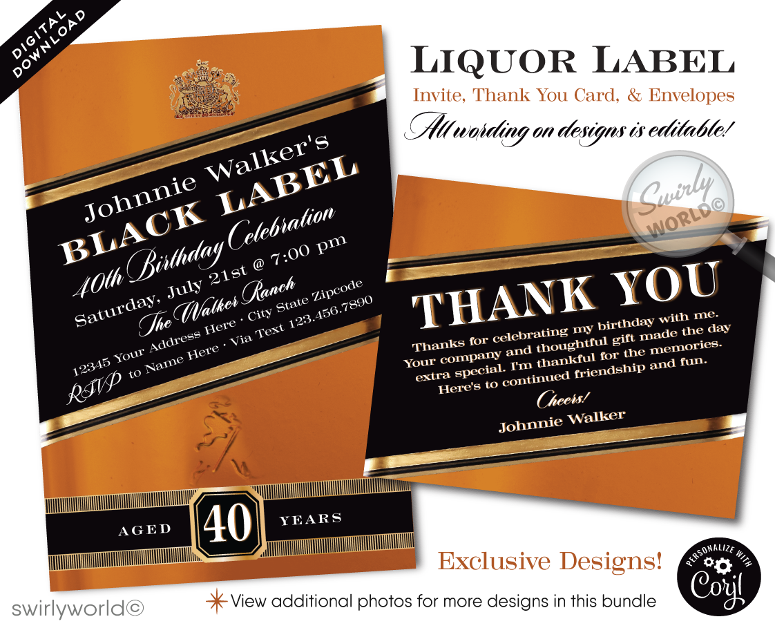 Celebrate in style with our Johnnie Walker Black Label Whiskey Bottle Design digital invitation and thank you card set, tailored for the whiskey aficionado marking a milestone birthday. Whether it's a landmark 21st, a fabulous 40th, the big 5-0, or any year beyond, this whiskey-inspired invitation design pours sophistication into your liquor-themed birthday bash.