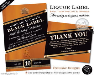 Celebrate in style with our Johnnie Walker Black Label Whiskey Bottle Design digital invitation and thank you card set, tailored for the whiskey aficionado marking a milestone birthday. Whether it's a landmark 21st, a fabulous 40th, the big 5-0, or any year beyond, this whiskey-inspired invitation design pours sophistication into your liquor-themed birthday bash.