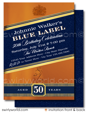 Celebrate in style with our Johnnie Walker Blue Label Whiskey Bottle Design digital invitation and thank you card set, tailored for the whiskey aficionado marking a milestone birthday. Whether it's a landmark 21st, a fabulous 40th, the big 5-0, or any year beyond, this whiskey-inspired invitation design pours sophistication into your liquor-themed birthday bash.