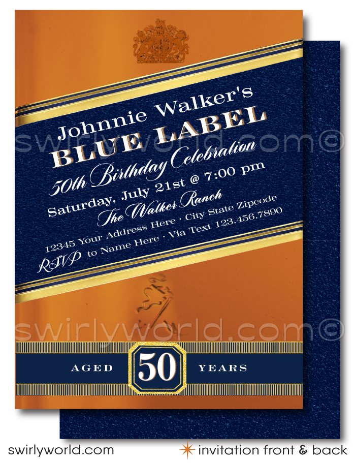 Celebrate in style with our Johnnie Walker Blue Label Whiskey Bottle Design digital invitation and thank you card set, tailored for the whiskey aficionado marking a milestone birthday. Whether it's a landmark 21st, a fabulous 40th, the big 5-0, or any year beyond, this whiskey-inspired invitation design pours sophistication into your liquor-themed birthday bash.