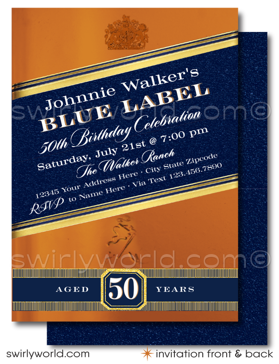 Celebrate in style with our Johnnie Walker Blue Label Whiskey Bottle Design printed invitation and thank you card set, tailored for the whiskey aficionado marking a milestone birthday. Whether it's a landmark 21st, a fabulous 40th, the big 5-0, or any year beyond, this whiskey-inspired invitation design pours sophistication into your liquor-themed birthday bash.