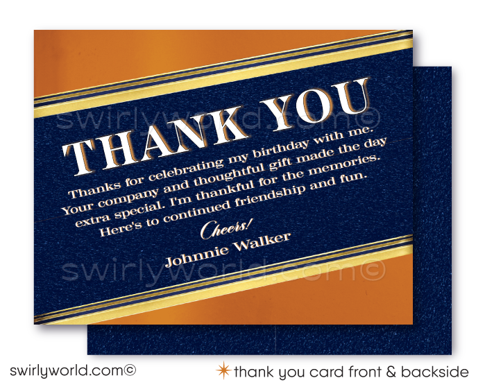 Celebrate in style with our Johnnie Walker Blue Label Whiskey Bottle Design digital invitation and thank you card set, tailored for the whiskey aficionado marking a milestone birthday. Whether it's a landmark 21st, a fabulous 40th, the big 5-0, or any year beyond, this whiskey-inspired invitation design pours sophistication into your liquor-themed birthday bash.