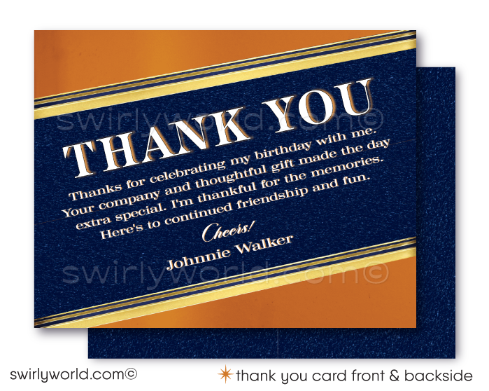 Celebrate in style with our Johnnie Walker Blue Label Whiskey Bottle Design printed invitation and thank you card set, tailored for the whiskey aficionado marking a milestone birthday. Whether it's a landmark 21st, a fabulous 40th, the big 5-0, or any year beyond, this whiskey-inspired invitation design pours sophistication into your liquor-themed birthday bash.