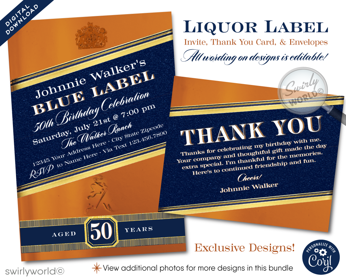 Celebrate in style with our Johnnie Walker Blue Label Whiskey Bottle Design digital invitation and thank you card set, tailored for the whiskey aficionado marking a milestone birthday. Whether it's a landmark 21st, a fabulous 40th, the big 5-0, or any year beyond, this whiskey-inspired invitation design pours sophistication into your liquor-themed birthday bash.