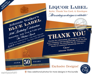 Celebrate in style with our Johnnie Walker Blue Label Whiskey Bottle Design digital invitation and thank you card set, tailored for the whiskey aficionado marking a milestone birthday. Whether it's a landmark 21st, a fabulous 40th, the big 5-0, or any year beyond, this whiskey-inspired invitation design pours sophistication into your liquor-themed birthday bash.