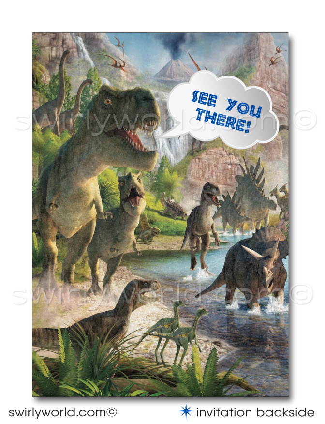 "Jurassic World" Themed Dinosaur Invitation Set, digitally designed to transport your guests to a majestic world where dinosaurs roam free. This immersive invitation suite captures the awe and wonder of the Jurassic era, featuring the king of the dinosaurs, the T-rex, alongside the swift and cunning Raptor, set against the backdrop of a lush, dense jungle that promises an adventure of prehistoric proportions.