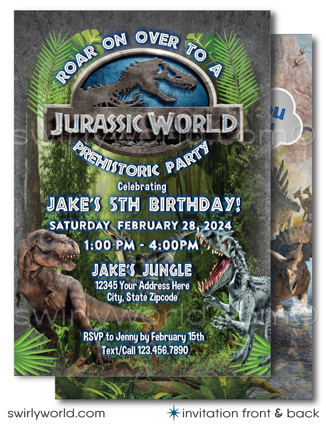 "Jurassic World" Themed Dinosaur Invitation Set, digitally designed to transport your guests to a majestic world where dinosaurs roam free. This immersive invitation suite captures the awe and wonder of the Jurassic era, featuring the king of the dinosaurs, the T-rex, alongside the swift and cunning Raptor, set against the backdrop of a lush, dense jungle that promises an adventure of prehistoric proportions.