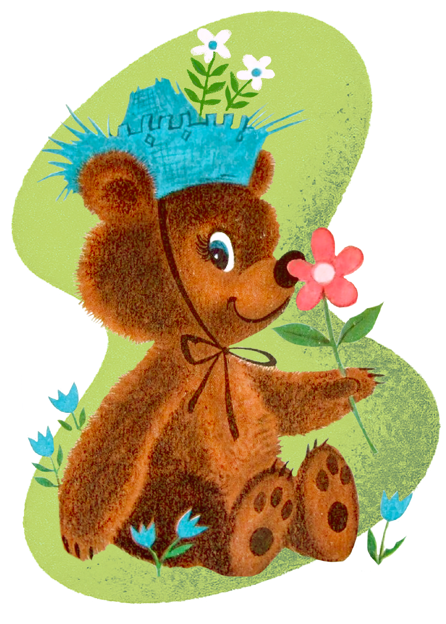 This retro 1940s-1950s vintage style retro kitschy bear wearing a blue straw hat with flowers set against a mid-century modern boomerang shaped retro green background. 