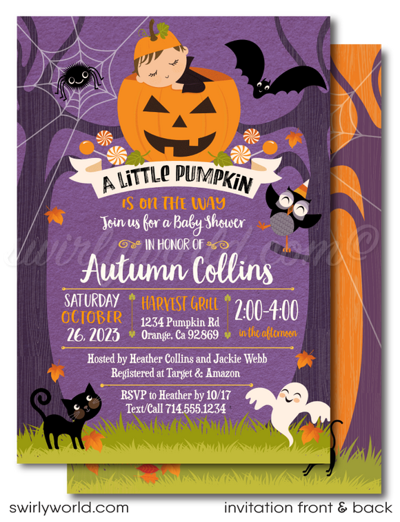 Little Pumpkin Halloween Autumn Fall Baby Shower Invite and thank you card Digital Download