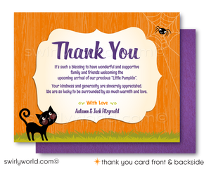 This Halloween Baby Shower design set showcases an adorable slumbering newborn baby nestled inside a carved Jack-O-Lantern pumpkin. Surrounding the scene are charming Halloween characters such as a black kitty cat, a giggling ghost, and dangling spiders on eerie trees, all set against a vibrant Halloween backdrop of purple and orange.