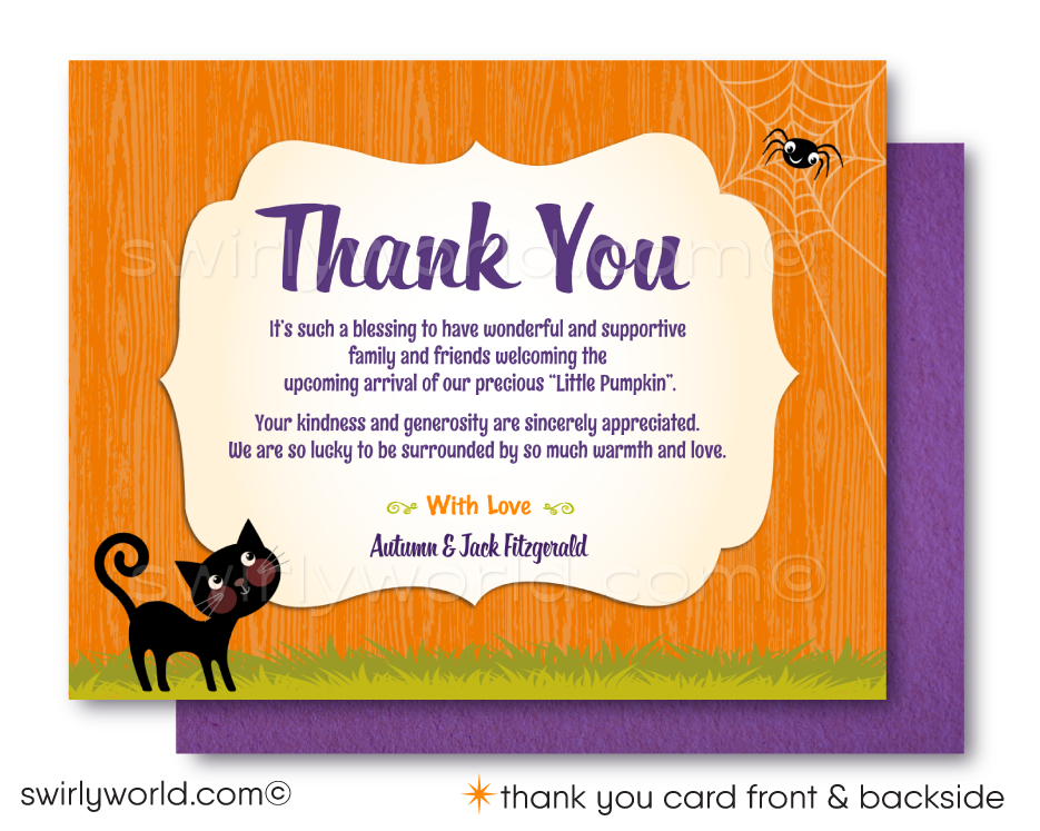 Fall in love with the perfect invite for your Little Pumpkin's big debut! Our Halloween "Little Pumpkin" Baby Shower Printed Bundle includes an invitation, thank you card, and matching envelopes featuring festive Halloween elements. Customize wording in Corjl and enjoy a hassle-free, spooktacular celebration with our adorable designs.