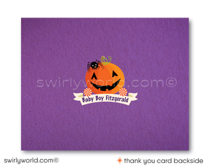 This Halloween Baby Shower design set showcases an adorable slumbering newborn baby nestled inside a carved Jack-O-Lantern pumpkin. Surrounding the scene are charming Halloween characters such as a black kitty cat, a giggling ghost, and dangling spiders on eerie trees, all set against a vibrant Halloween backdrop of purple and orange.