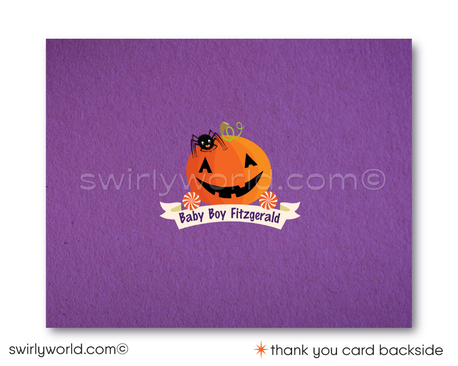 Fall in love with the perfect invite for your Little Pumpkin's big debut! Our Halloween "Little Pumpkin" Baby Shower Printed Bundle includes an invitation, thank you card, and matching envelopes featuring festive Halloween elements. Customize wording in Corjl and enjoy a hassle-free, spooktacular celebration with our adorable designs.