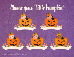 This Halloween Baby Shower design set showcases an adorable slumbering newborn baby nestled inside a carved Jack-O-Lantern pumpkin. Surrounding the scene are charming Halloween characters such as a black kitty cat, a giggling ghost, and dangling spiders on eerie trees, all set against a vibrant Halloween backdrop of purple and orange.