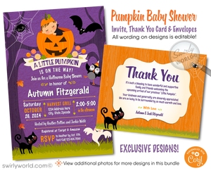 Celebrate your Little Pumpkin's big debut with our Halloween Baby Shower Digital Download Bundle! Includes an invitation, thank you card, and matching envelope designs. Easily editable in Corjl, this ghoulishly cute set is perfect for an Autumn Halloween celebration. Customize and download for a spooktacular event!