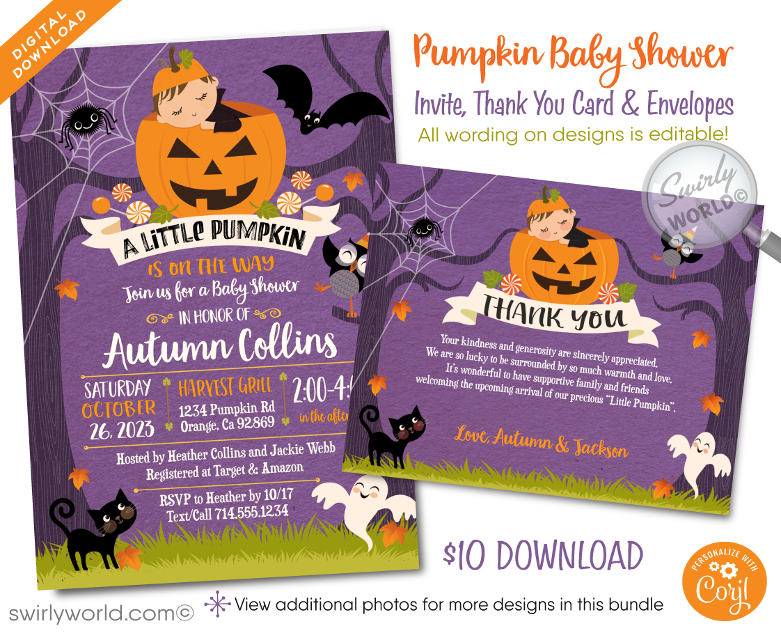 Little Pumpkin Halloween Autumn Fall Baby Shower Invite Digital Download