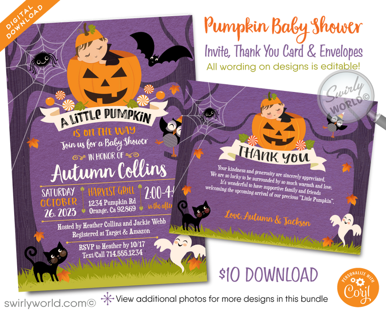Little Pumpkin Halloween Autumn Fall Baby Shower Invite and thank you card Digital Download