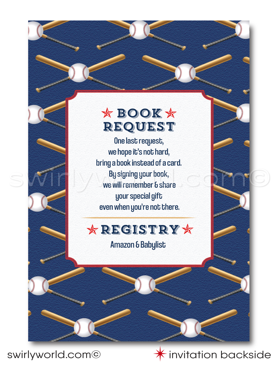 Hit a home run with our All-Star Sports Baseball Little Slugger Couples' Baby Shower Invitation Set! Includes printed invitations, thank you cards, and envelopes with a classic red, white, gray, and blue color scheme. Featuring baseball and bat illustrations with retro sports fonts. Customize wording in Corjl and get ready to celebrate!