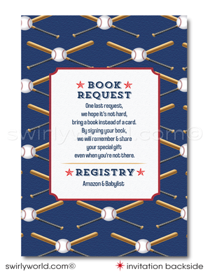 Hit a home run with our All-Star Sports Baseball Little Slugger Couples' Baby Shower Invitation Set! Includes printed invitations, thank you cards, and envelopes with a classic red, white, gray, and blue color scheme. Featuring baseball and bat illustrations with retro sports fonts. Customize wording in Corjl and get ready to celebrate!