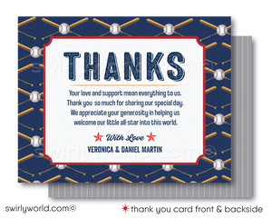 Hit a home run with our All-Star Sports Baseball Little Slugger Couples' Baby Shower Invitation Set! Includes printed invitations, thank you cards, and envelopes with a classic red, white, gray, and blue color scheme. Featuring baseball and bat illustrations with retro sports fonts. Customize wording in Corjl and get ready to celebrate!