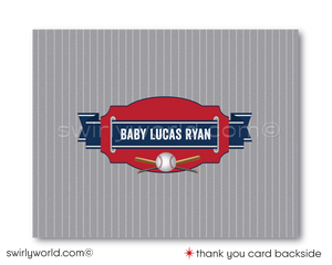 Hit a home run with our All-Star Sports Baseball Little Slugger Couples' Baby Shower Invitation Set! Includes printed invitations, thank you cards, and envelopes with a classic red, white, gray, and blue color scheme. Featuring baseball and bat illustrations with retro sports fonts. Customize wording in Corjl and get ready to celebrate!