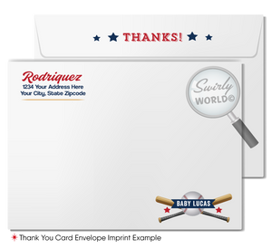 Hit a home run with our All-Star Sports Baseball Little Slugger Couples' Baby Shower Invitation Set! Includes printed invitations, thank you cards, and envelopes with a classic red, white, gray, and blue color scheme. Featuring baseball and bat illustrations with retro sports fonts. Customize wording in Corjl and get ready to celebrate!