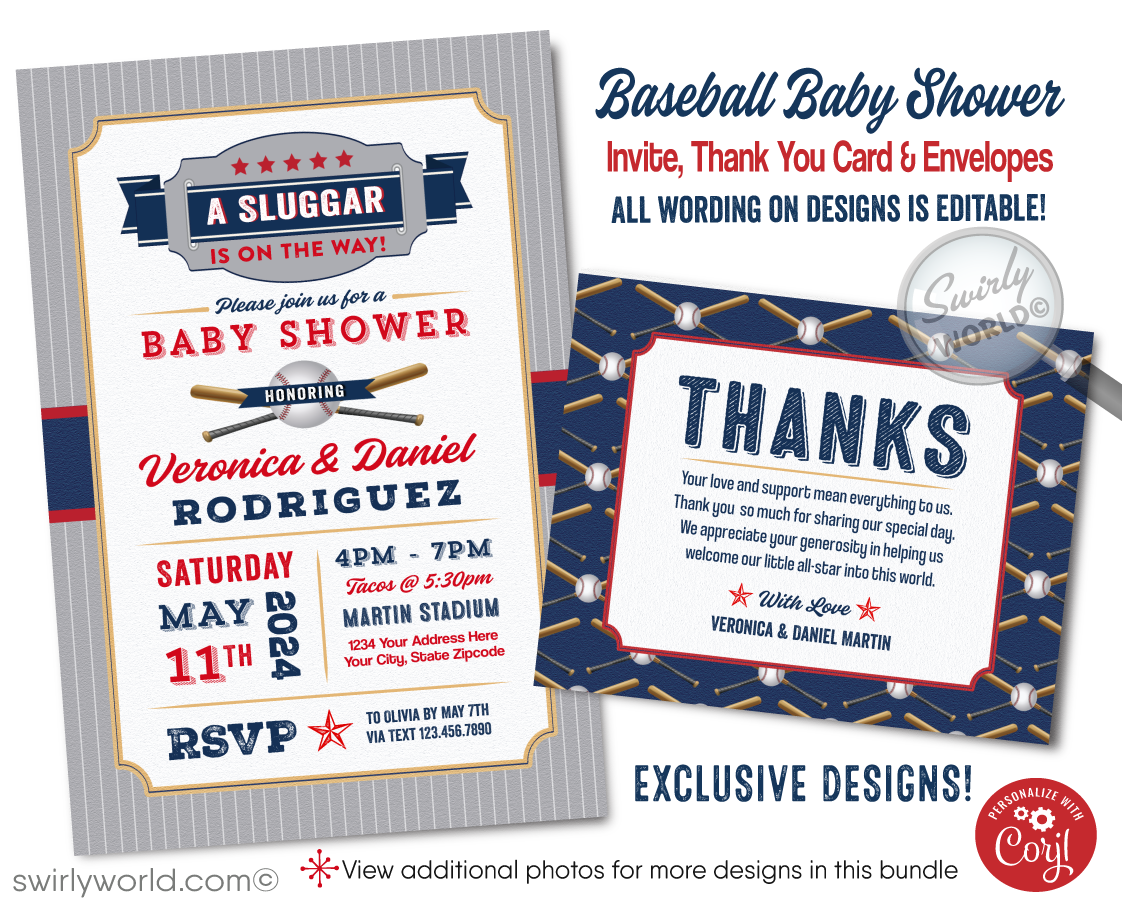 Hit a home run with our All-Star Sports Baseball Little Slugger Couples' Baby Shower Invitation Set! Includes printed invitations, thank you cards, and envelopes with a classic red, white, gray, and blue color scheme. Featuring baseball and bat illustrations with retro sports fonts. Customize wording in Corjl and get ready to celebrate!