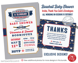 Hit a home run with our All-Star Sports Baseball Little Slugger Couples' Baby Shower Invitation Set! Includes printed invitations, thank you cards, and envelopes with a classic red, white, gray, and blue color scheme. Featuring baseball and bat illustrations with retro sports fonts. Customize wording in Corjl and get ready to celebrate!