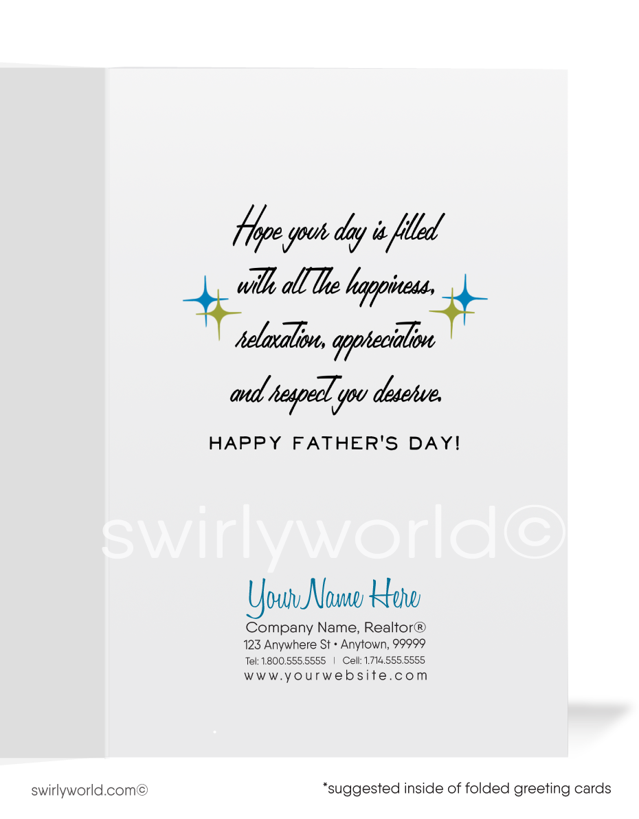 Step back in time this MCM Mad Men Father’s Day with Swirly World's 1960s Vintage Style Card. Featuring a relaxed, mid-century modern dad design. Customize for businesses or personal use. Choose from folded or flatcard styles with optional custom envelopes. Printed on premium cardstock for a durable, luxurious feel.