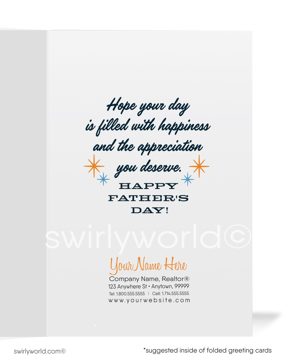Step back in time this Father’s Day with Swirly World's 1960s Vintage Style Greeting Card. Featuring a relaxed, mid-century modern dad design in a Mad Men style living room chilling out on his chair with feet up being served by his beautiful doting wife. Customize for businesses or personal use. 