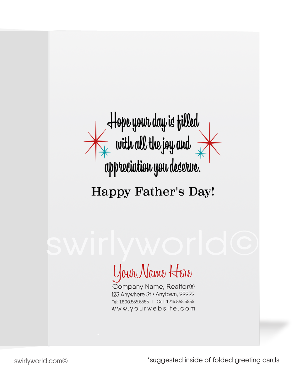 Step back in time this Father’s Day with Swirly World's 1960s Vintage Style Card. Featuring a relaxed, mid-century modern dad design. Customize for businesses or personal use. 