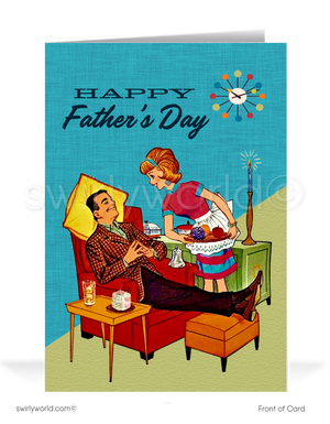 Step back in time this Father’s Day with Swirly World's 1960s Vintage Style Greeting Card. Featuring a relaxed, mid-century modern dad design in a Mad Men style living room chilling out on his chair with feet up being served by his beautiful doting wife. Customize for businesses or personal use. 