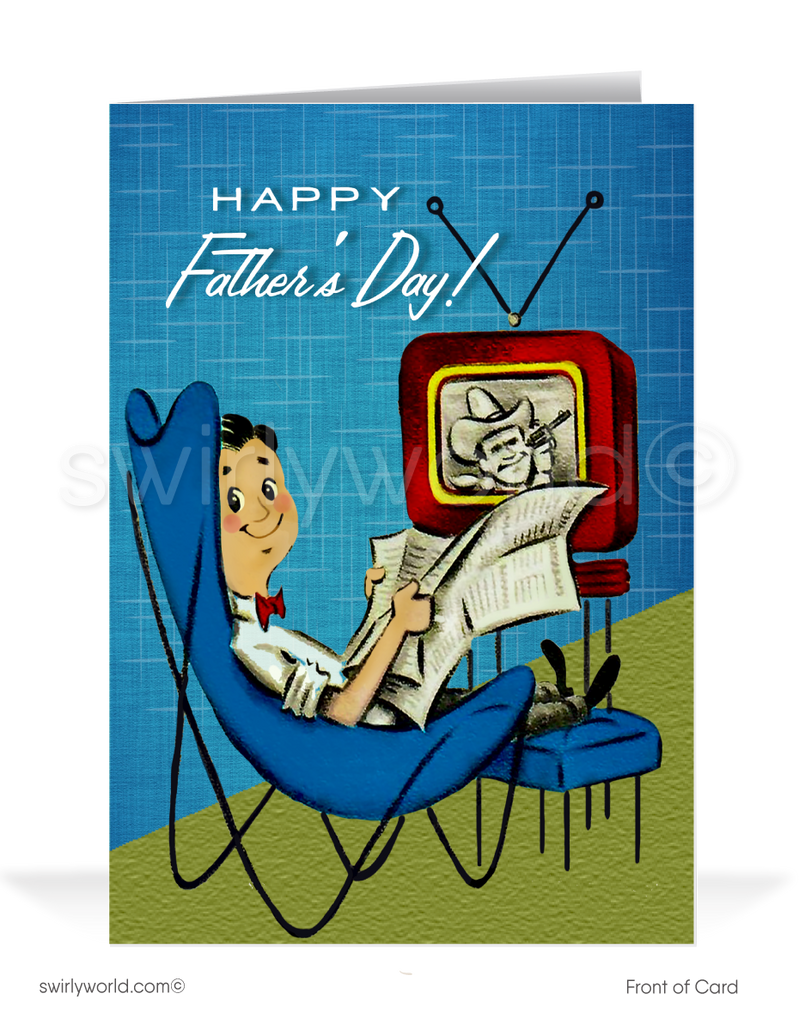 Step back in time this MCM Mad Men Father’s Day with Swirly World's 1960s Vintage Style Card. Featuring a relaxed, mid-century modern dad design. Customize for businesses or personal use. Choose from folded or flatcard styles with optional custom envelopes. Printed on premium cardstock for a durable, luxurious feel.