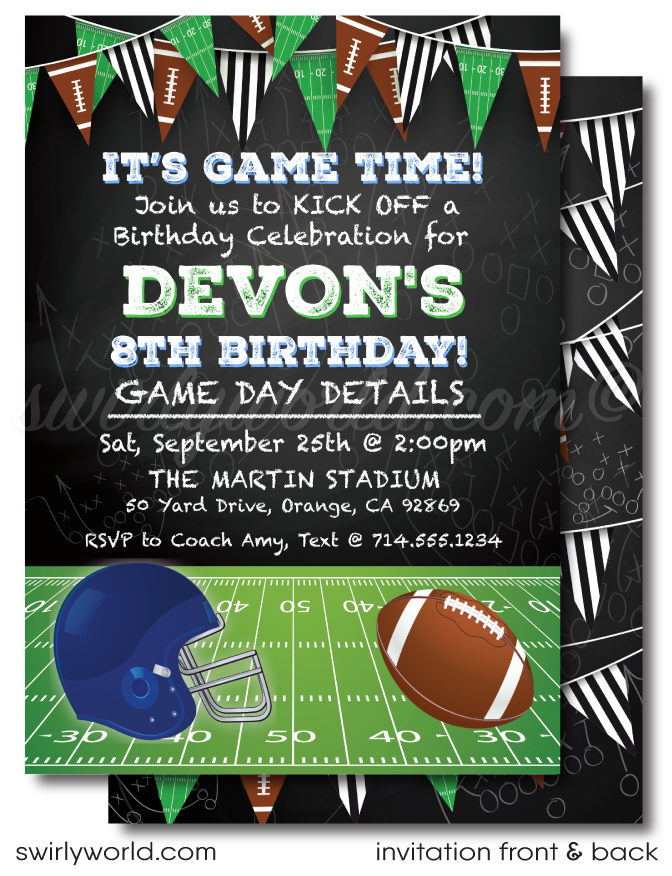 Kick off your football-themed celebration with our printed Football Party Invitations, Thank You Cards, and Envelopes! Featuring festive sports flags, a detailed helmet, and a classic football against a chalkboard background, this set captures the excitement of game day. Personalize with team helmets and colors for a unique touch. Expertly printed on high-quality card stock, this set ensures your party gets off to a winning start! Perfect for birthdays and football gatherings.